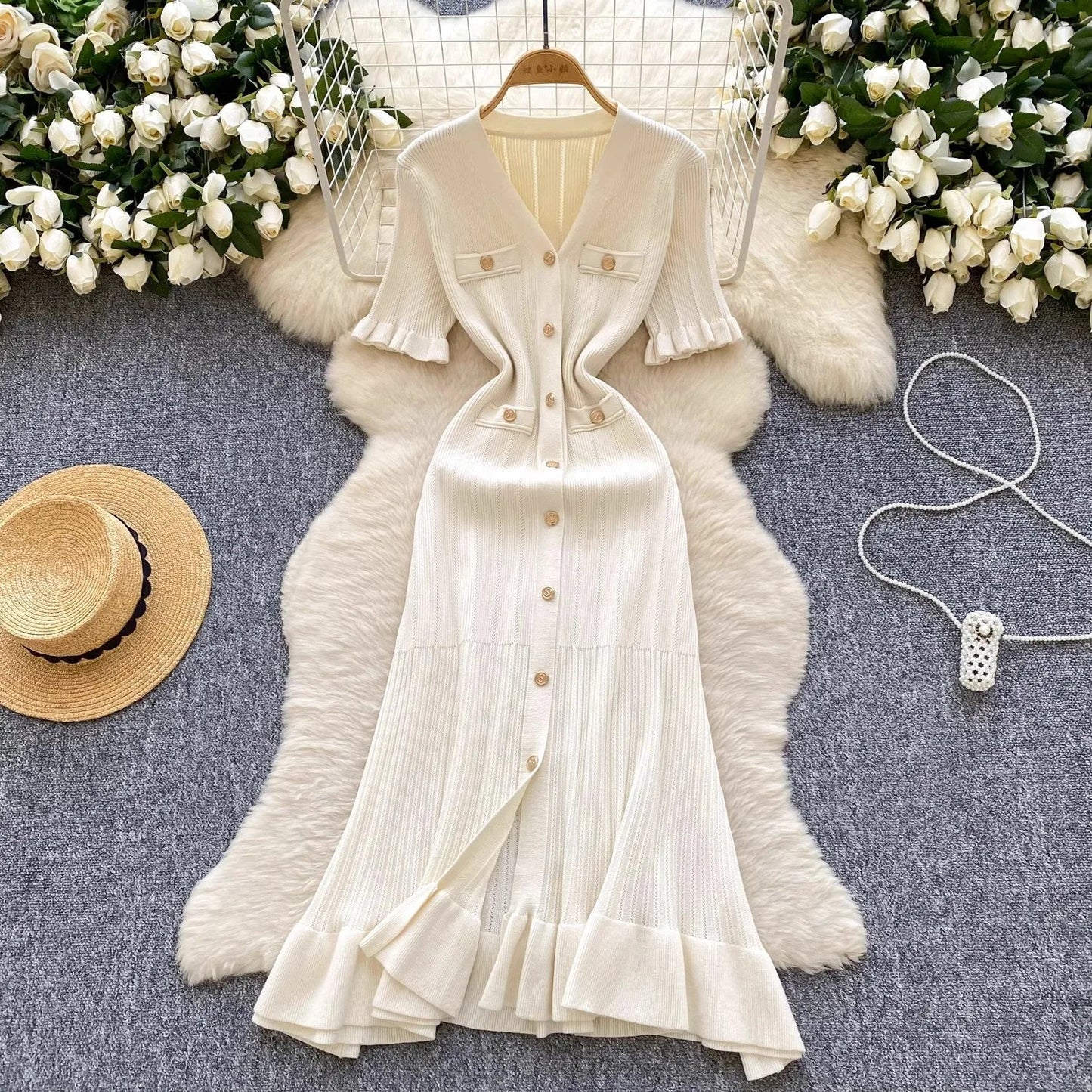 Fashion Vintage Knitted Long Dress Spring Summer Women Elegant V-neck Ruffled Bodycon Sweater Dress Party Vestido