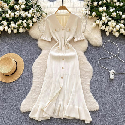 Fashion Vintage Knitted Long Dress Spring Summer Women Elegant V-neck Ruffled Bodycon Sweater Dress Party Vestido