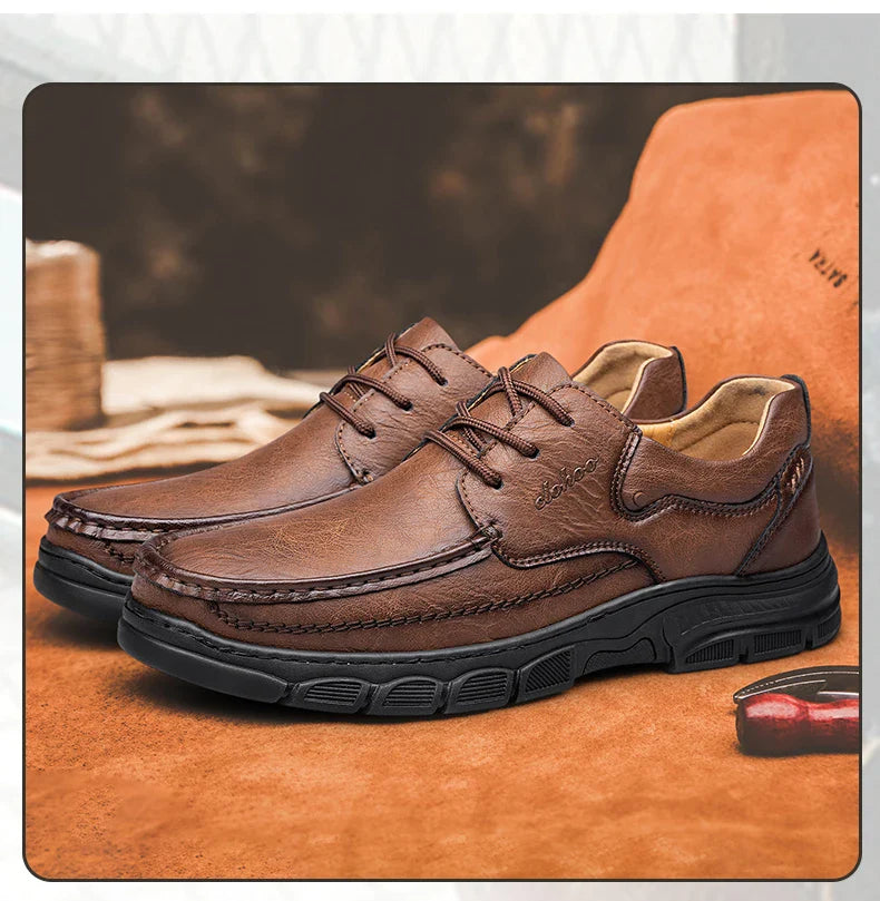 Men's Handmade Thick Rubber Bottom Breathable Casual Leather Shoes Classic Sewn Loafers Comfortable Leisure Footwear