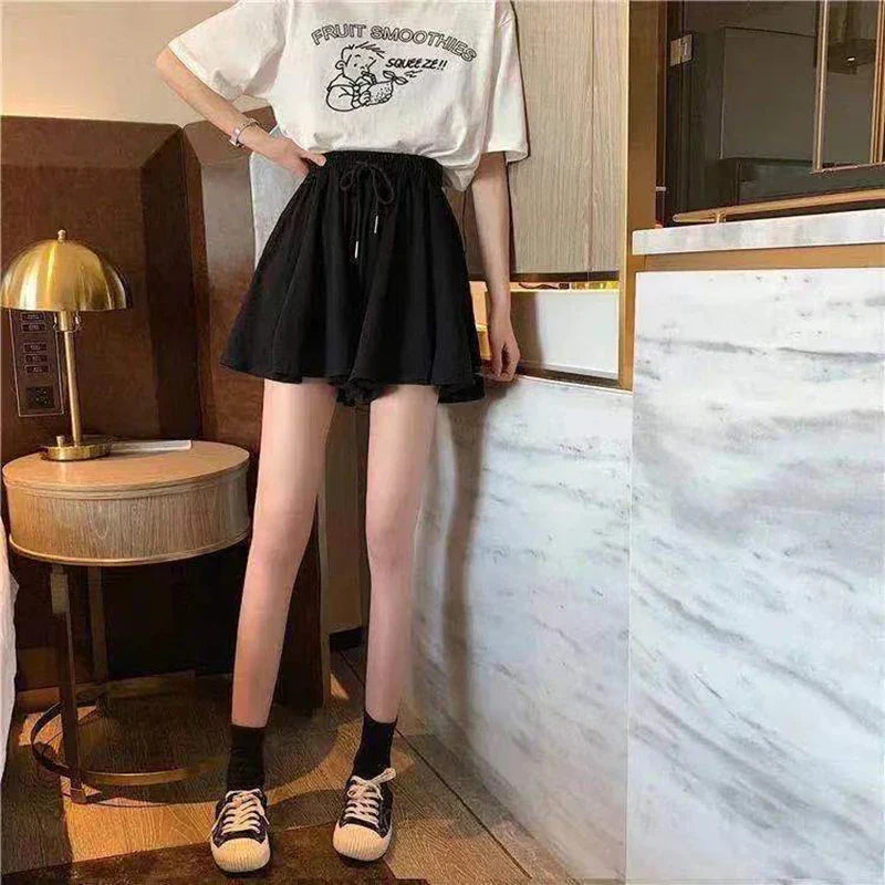 5Xl Summer Shorts Skirts Women Elastic High Waist Casual Wide Leg Shorts Korean A Line Loose Mini Skirt Black Short Pants