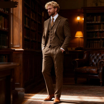 Men's Herringbone Slim Fit 3-Piece Tweed Smoking Suit Casual Formal Business Ternos Wedding Blazer Pants Vest Wool Blend