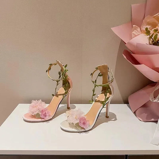 2025 summer new open toed slim heel pink flower fairy style buckle with high heels wedding shoes women's sandals