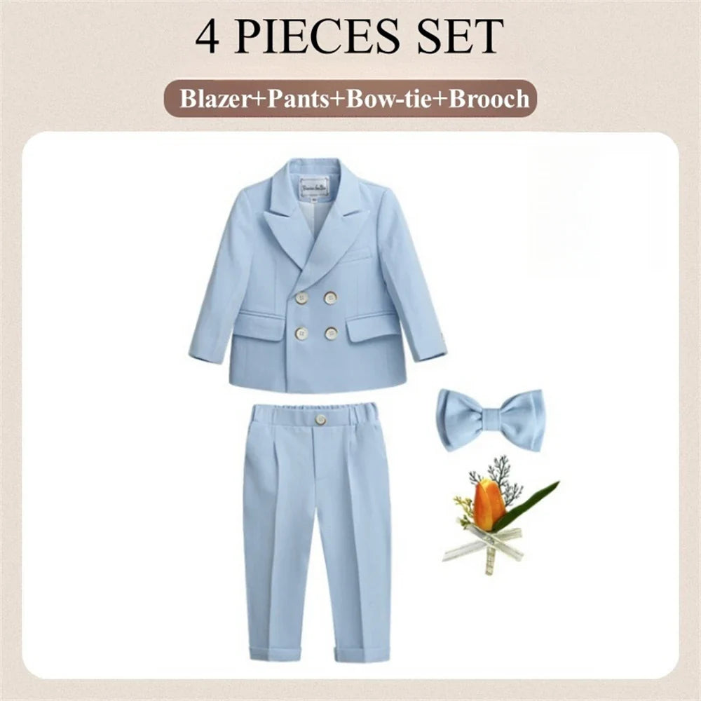 Macaroon Colorful Toddler Suit Set Double Breasted Kids Suits Blazer Pants Bow-tie Brooch Boy's Formal Tuxedo Dresswear