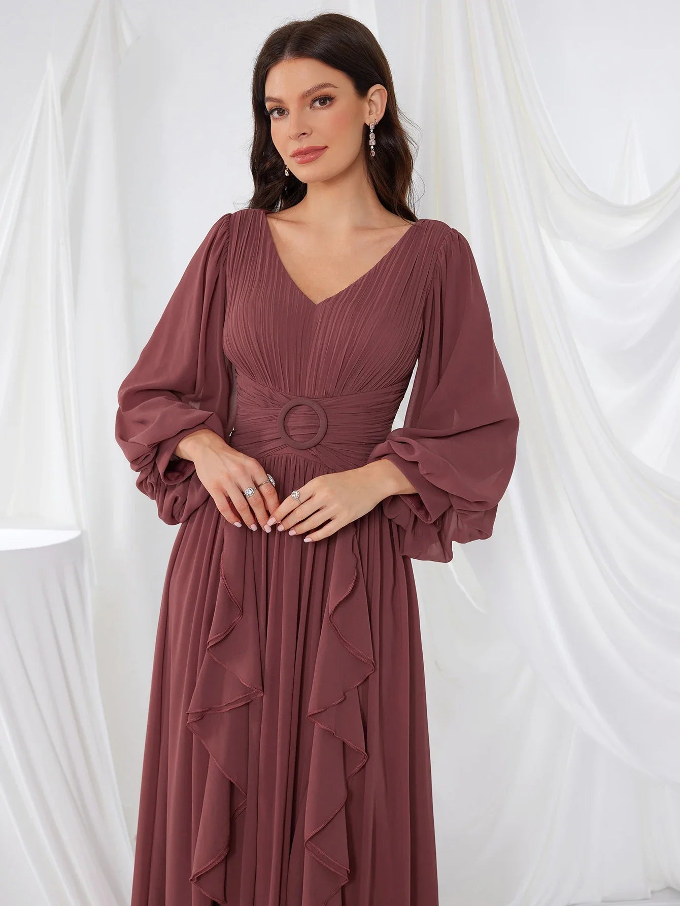 Women's V-Neck Long Sleeve Chiffon Dress Split Bridal Maids Maxi Gown