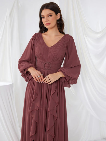 Women's V-Neck Long Sleeve Chiffon Dress Split Bridal Maids Maxi Gown