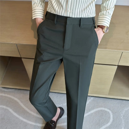 Spring Autumn Suit Pants Men Solid Color Fashion Slim Fit Smart Casual Suit Trousers Mens Elastic Waist Korean Full Length Pants