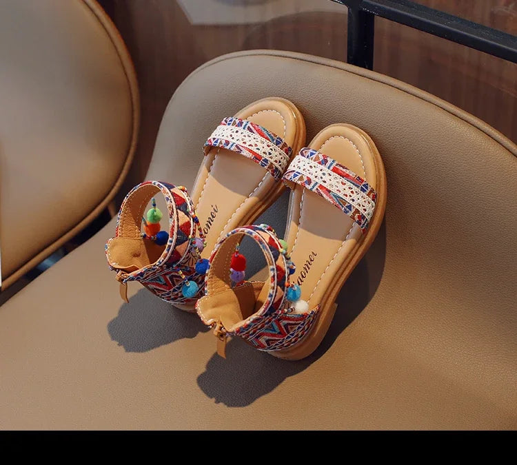 Ethnic Style Simple Children Roman Shoes 2024New Soft Breatheable Flats Open-toe Kids Shoes Non-slip Girls Sandals GLADIATOR