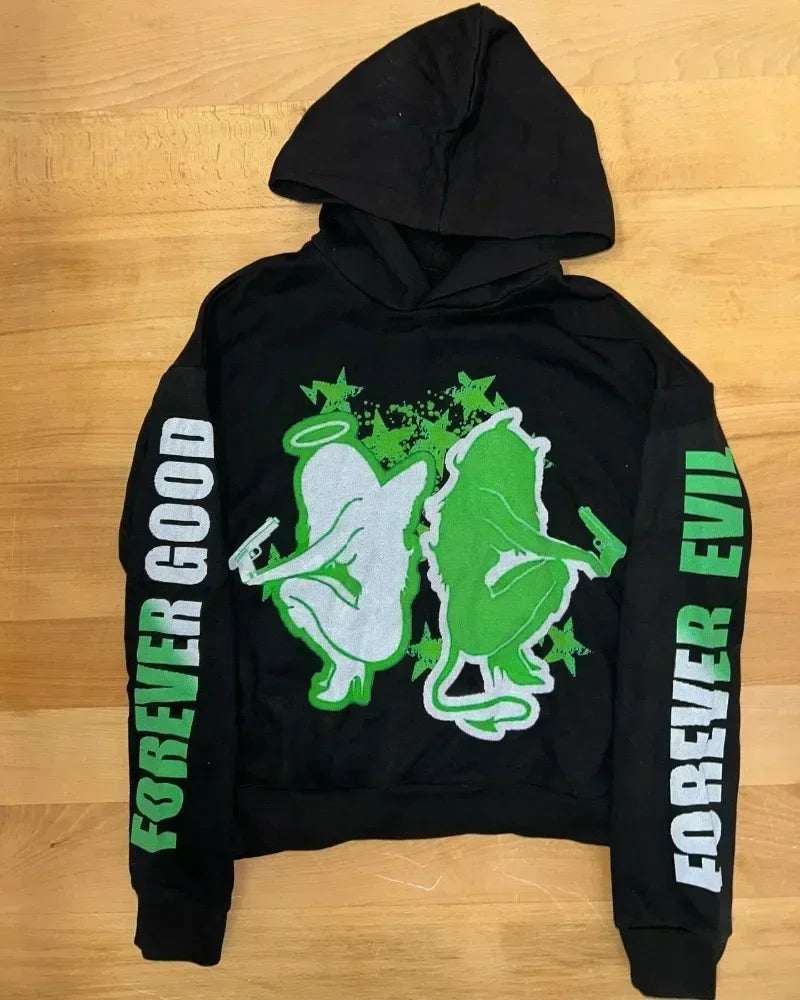 Mens Black Hooded Graphic Hoodie Horror Character Print Thriller Style Streetwear Unique Creative Design Express Individuality
