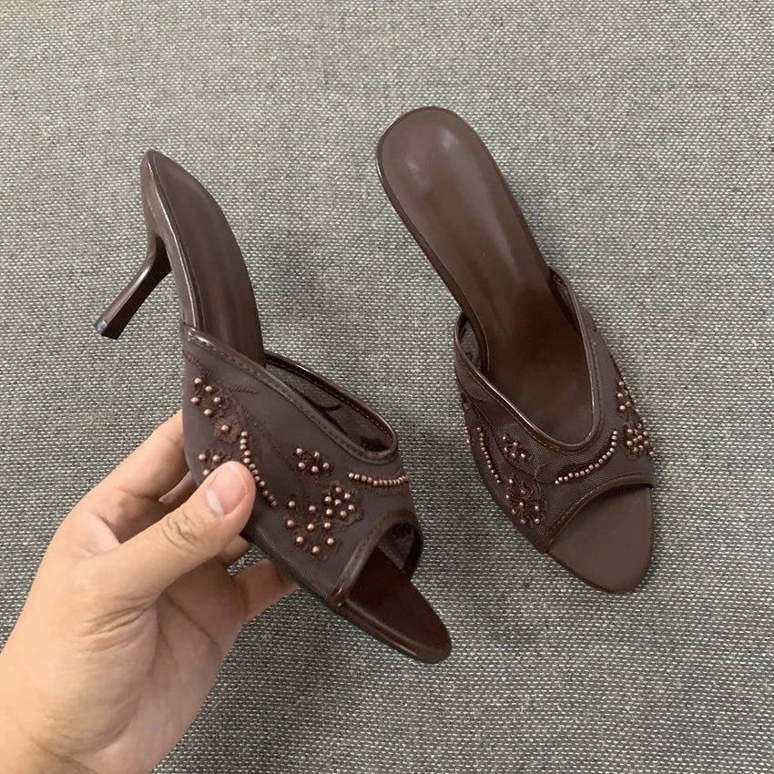 2026 Elegant Brown String Bead Mesh Embroider Slippers Women Summer Sexy Peep Toe High Heels Mules Sandals Luxury Designer Shoes