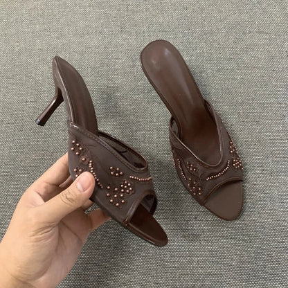 2026 Elegant Brown String Bead Mesh Embroider Slippers Women Summer Sexy Peep Toe High Heels Mules Sandals Luxury Designer Shoes