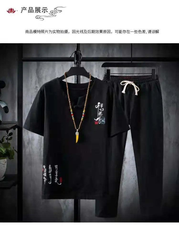 (Shirt + trousers)2025 summer Chinese Style men shirt Cotton and linen shirts men's High quality casual shirts Two Piece M-5XL