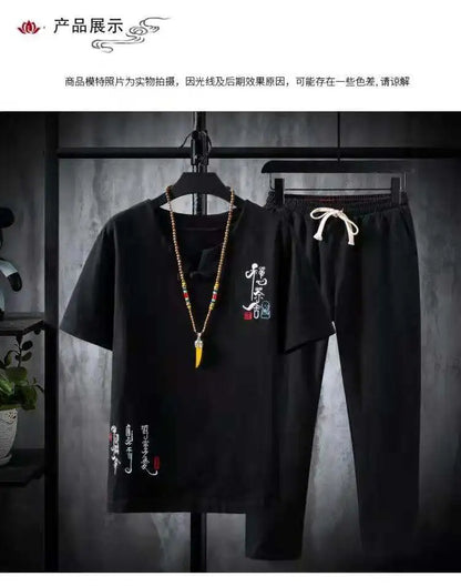 (Shirt + trousers)2025 summer Chinese Style men shirt Cotton and linen shirts men's High quality casual shirts Two Piece M-5XL