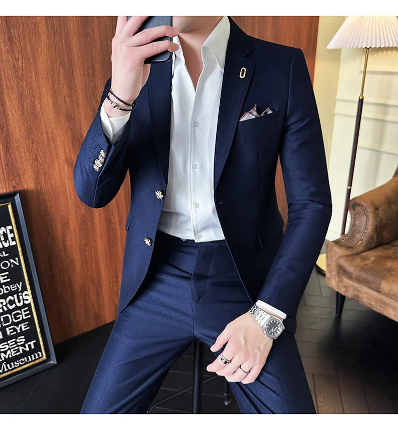 Men's Korean Style Slim Fit Suit Set, High Quality Fabric Solid Color Edge Pressing for Wedding Business