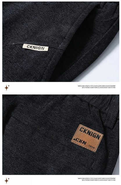 Men's Solid Straight Casual Pants Autumn Woolen Slim Fit Office Pants Vintage Elastic Waist Youth Trousers Everyday Wear