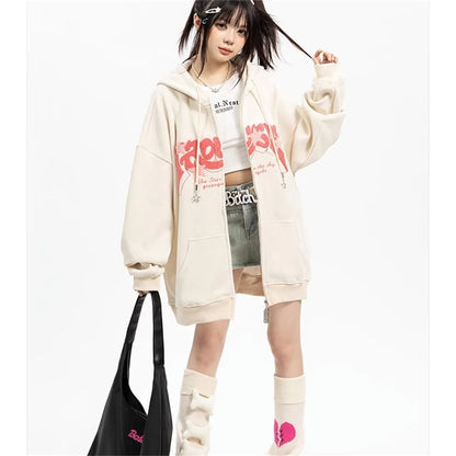 Fashion Embroidery Zip Up Hoodies Women Autumn Long Sleeve Tops Loose Hood Shirt Harajuku Y2K Clothes Female Sweatshirt Jacket