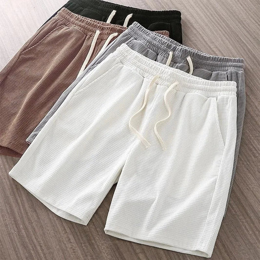 Men Shorts Solid Color Mid Waist Summer Motion Waffle Texture Deep Crotch Drawstring Male Shorts Loose Knee Length Casual Short