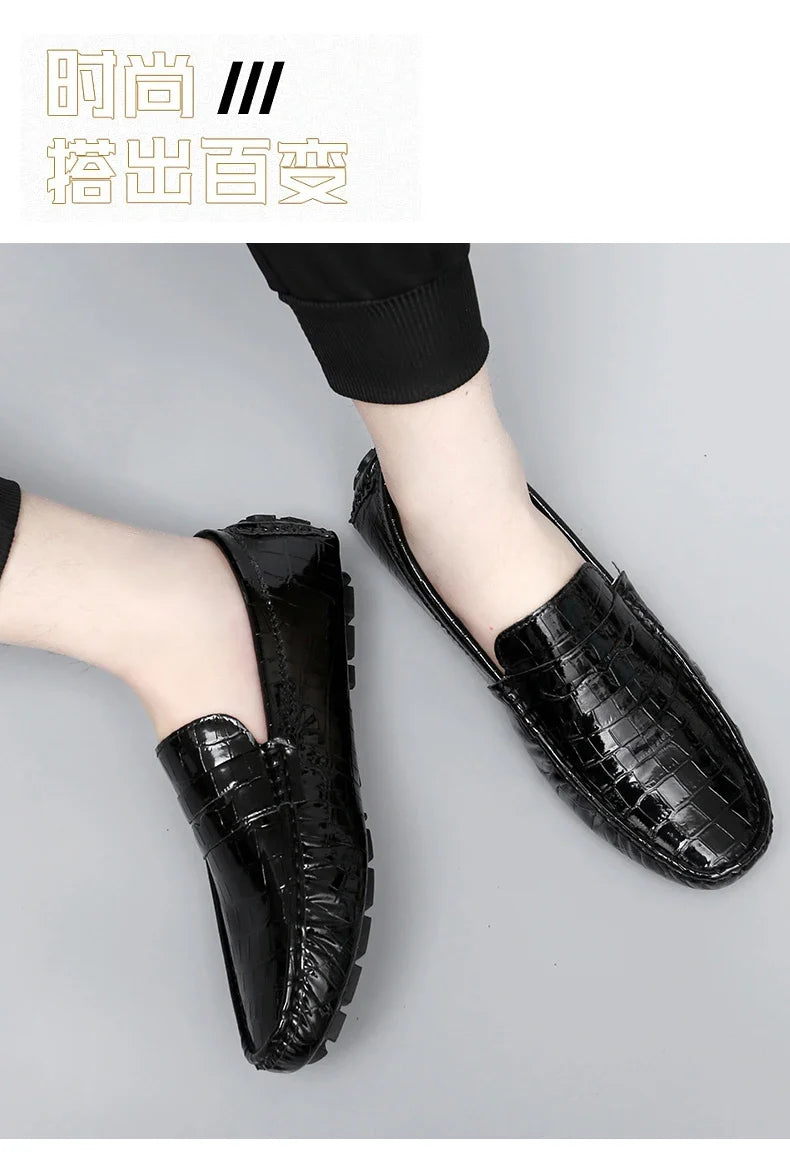 Patent Leather Loafers for Men, Crocodile Pattern, Korean Style, Trendy, Popular Casual Leather Shoes, Slip-On Loafers, Lazy Shoes