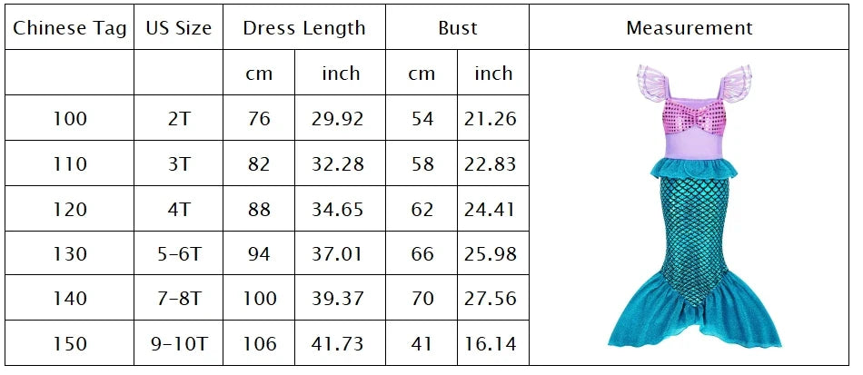 2026 Costume for Kids Cute Princess Trumpet Dress Girl Fairy Tale Little Mermaid Cosplay Ariel Apparel Carnival Robe