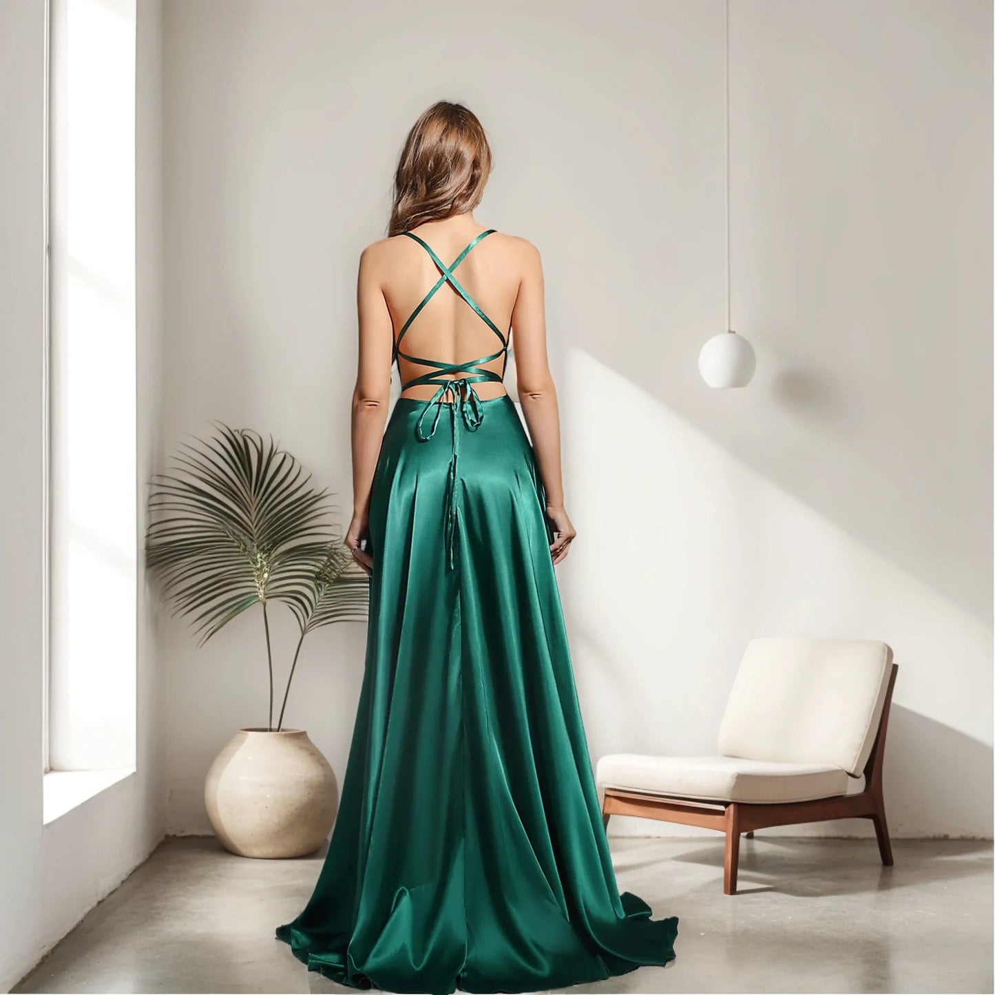 Women Sexy Prom Dresses Lace-Up Spaghetti Straps Backless Sling Evening Dress Satin A-Line High Split Maxi Train Party Gowns