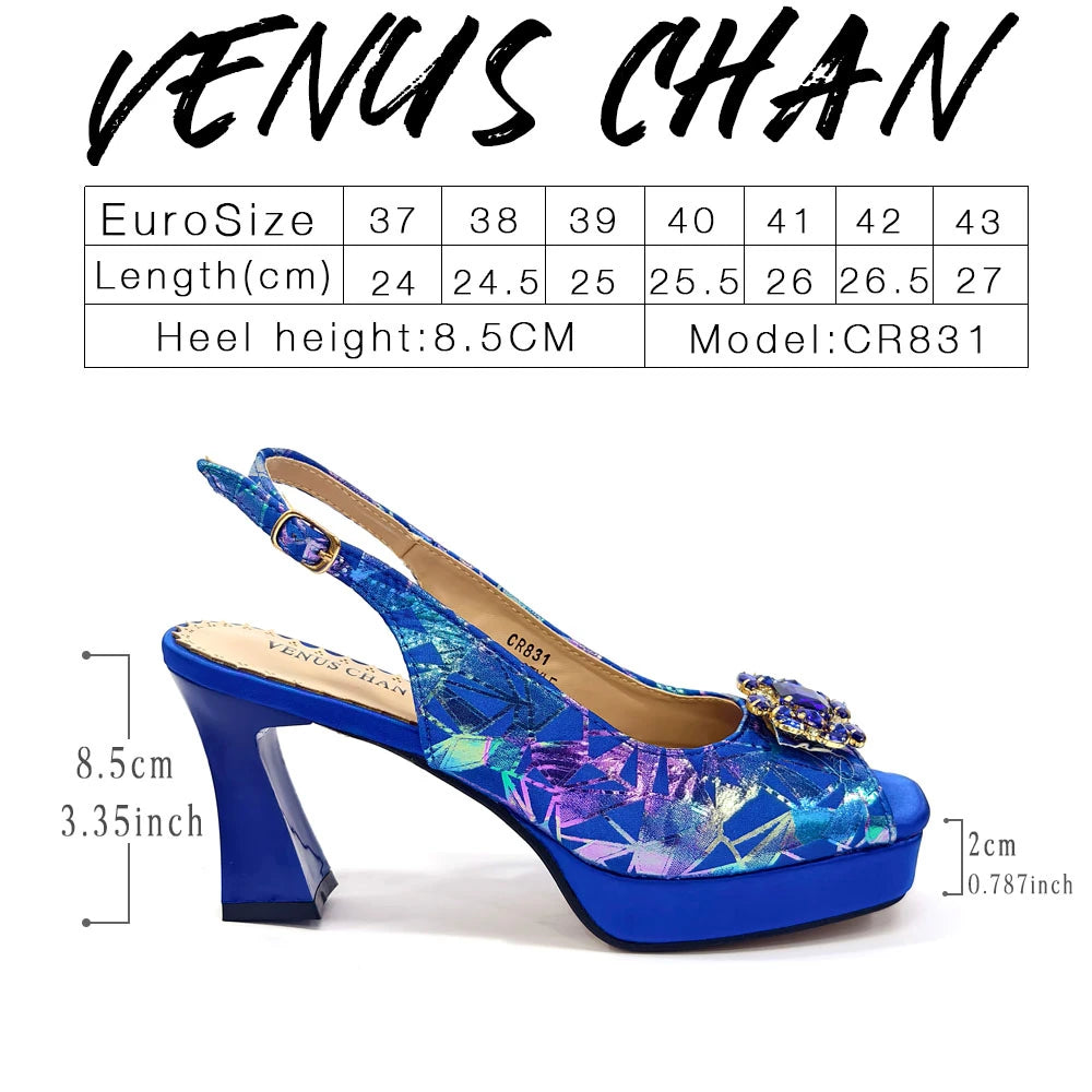 Elegant Women Heels for Peep Toe Good Material Design Rhinestone Fuchsia Sandals Italian Shoes and Bags Matching Set 2025