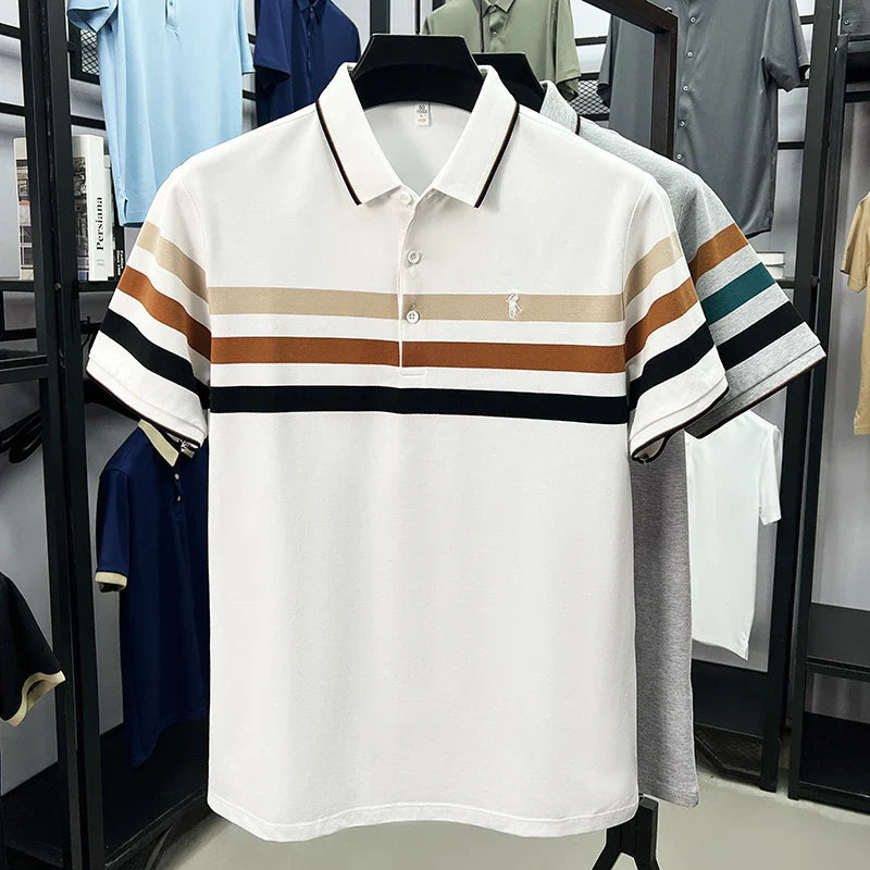 Boutique cotton short sleeve men's polo shirt 2025 summer fashion striped high-end flip collar top casual youth business T-shirt
