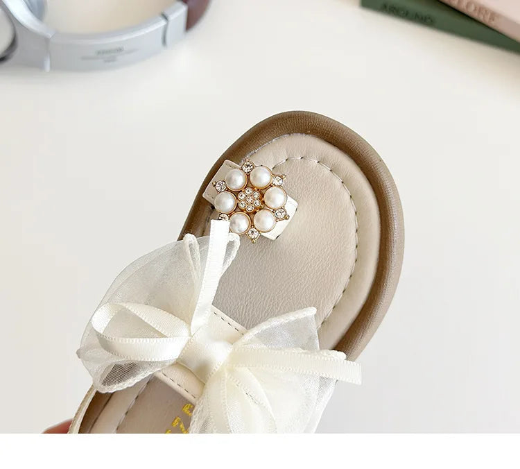 Summer Girl's Sandals Clip-toe Bowknot Elastic Band Soft Sole Kids Sliders Beautiful Pu Leather Chunky Morden Children Shoes