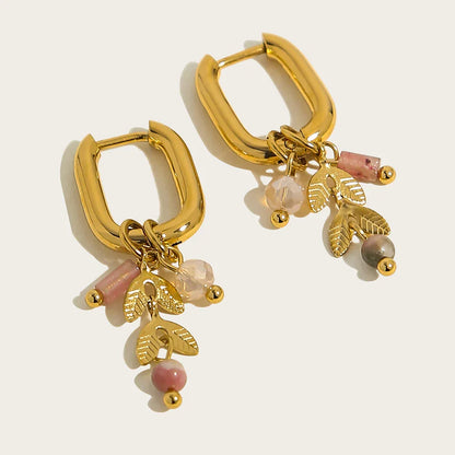 18K Gold Plated Stainless Steel Hoop Earrings for Women Vintage Green Natural Stone Charms Trendy Waterproof Jewelry