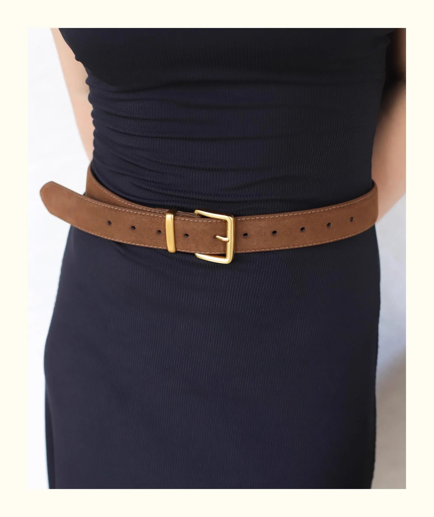 Luxury Suede Cowhide Leather Belt for Women, Vintage Style with Gold Buckle, 3.3cm Wide Waistband for Dresses & Jeans