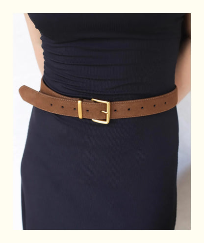 Luxury Suede Cowhide Leather Belt for Women, Vintage Style with Gold Buckle, 3.3cm Wide Waistband for Dresses & Jeans