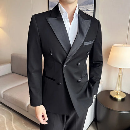 ( Jacket + Vest + Pants ) High-end Brand Boutique Fashion Men's Casual Business Black Smoking Suit Groom Wedding Dress Tuxedo