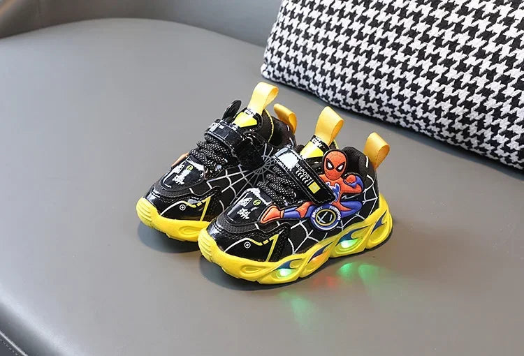 Disney Children's Sneakers Boys Cartoon Spiderman Led Light Sport Shoes Student Shoes Hook Anti-slip Kids Outdoor Shoes
