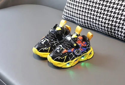 Disney Children's Sneakers Boys Cartoon Spiderman Led Light Sport Shoes Student Shoes Hook Anti-slip Kids Outdoor Shoes