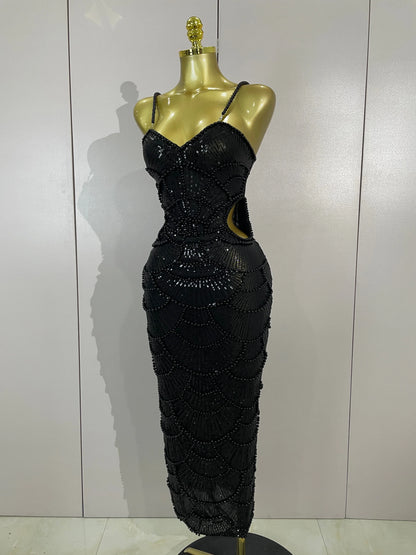 Women Hot Sale Sleeveless Sexy Strap Pearl Beading Sequins Bodycon Long Dress Celebrate Evening Party Birthday Outfit Vestido