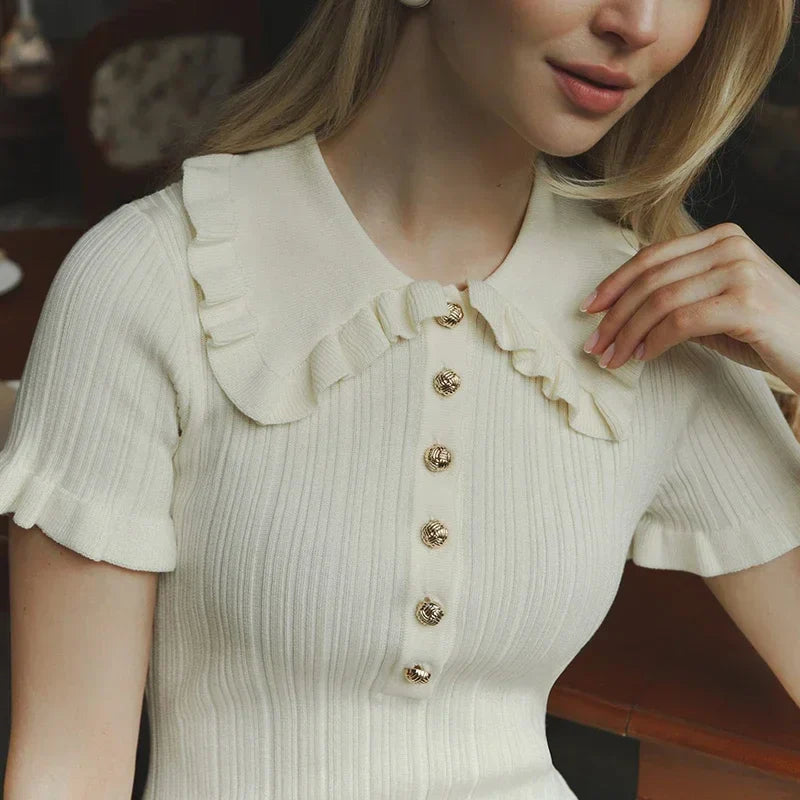 Ruffled Knitted Mini Dresses For Women High Waist Summer 2025 New Short Sleeve Dress Bodycon Female Retro Elegant Dress