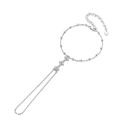 925 Sterling Silver Hand Chains Bracelet Dainty Four-leaf Clover CZ Bracelet Ring Chain for Women Summer Body Jewelry Set