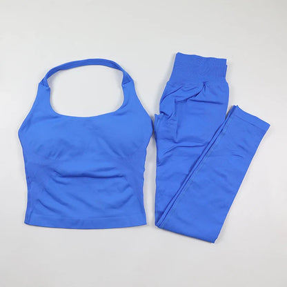 Seamless Gym Set Women Workout Clothes Low Waist Scrunch Yoga Leggings Sets Padded Halter Tank Top 2 Piece Sports Suits