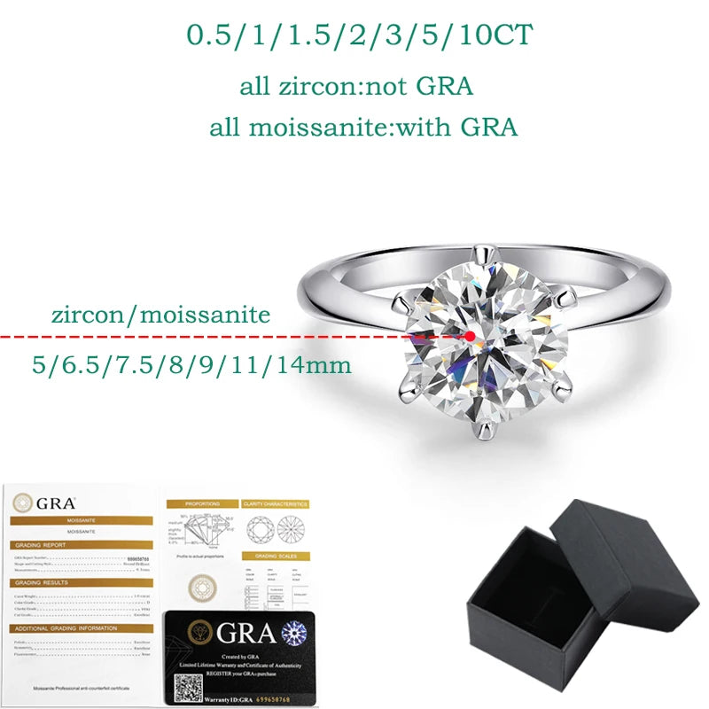 0.5-5CT Certified Moissanite Solitaire Ring for Women D Vvs1 Sparkling Wedding 925 Sterling Silver Lab Diamond Band GRA