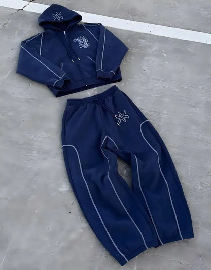 American Y2K Casual Zipper Hoodie Sweatpant Two Piece Set HipHop Oversized Embroidery Sweatshirts Men Women Casual Pants
