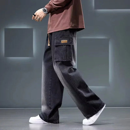 8XL Jeans New Wide Leg Washing Pants Men Trousers Neutral Solid Color Loose Casual Korean Fashion Pocket Plus Size Cargo Pant