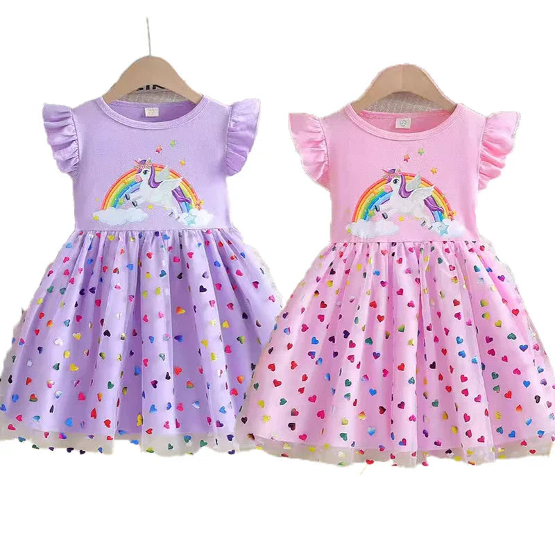 2026 Korean Style Girls Summer Unicorn Print Dress Short Sleeve Tulle Princess Gown Kids Casual Party Clothes for South Korea