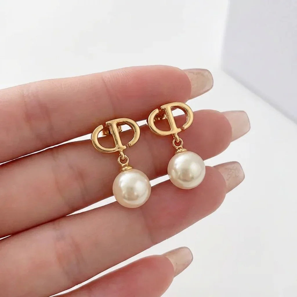Gold-Tone Double-Loop Pearl Drop Earrings for Women - Elegant Dangle Jewelry for Wedding, Office & Daily Wear | Hypoallerge