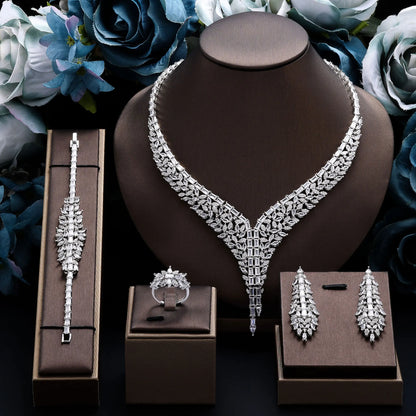 4 Piece Bridal Zirconia Full Jewelry Set for Women Party Luxury CZ Crystal Wedding Necklace
