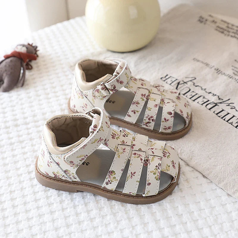 Summer Toddler Girls Floral Closed Toe Sandals Anti-collision Kids Sandal Lovely Hook-loop Sweet Children Beach Shoes 21-30