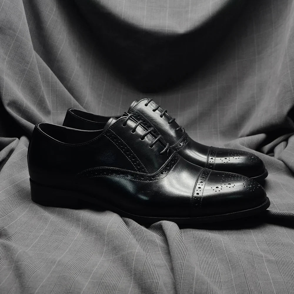 Italian Mens Dress Shoes Genuine Leather Cap Toe Oxfords Lace-up Black Brown Wedding Business Office Brogue Formal Shoes for Men