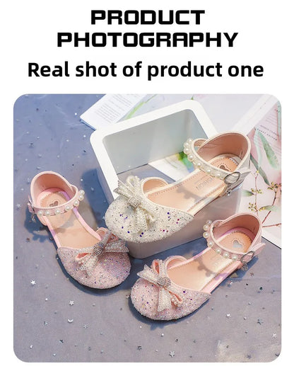 2026 Girls' Princess Shoes Spring And Summer Sandals White Flat Dress Shoes Pearl Decoration For Kids And Teens