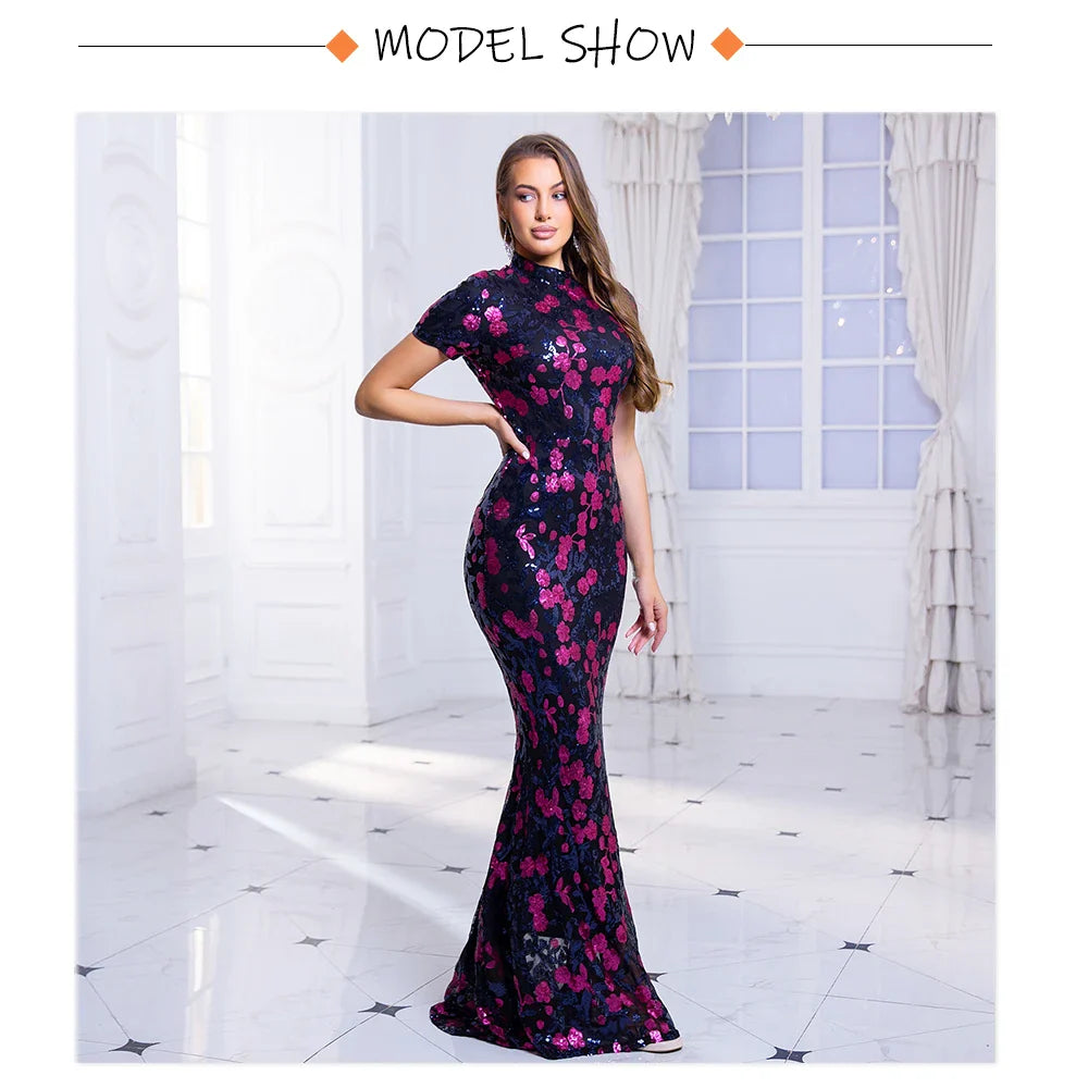 O Neck Short Sleeve Graduation Dresses Flowers Sequined Long Bodycon Stretchy Women Evening Dress Summer 2025
