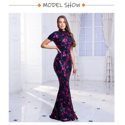 O Neck Short Sleeve Graduation Dresses Flowers Sequined Long Bodycon Stretchy Women Evening Dress Summer 2025