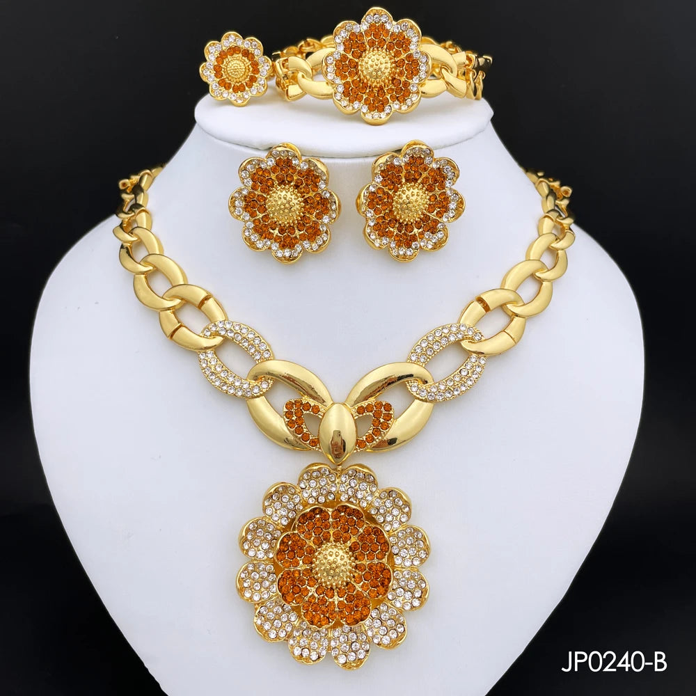 Vintage Jewelry Sets For Women Plant Flower Big Pendant Quality Necklace Earrings Ring Bracelet Set Jewelry Trending