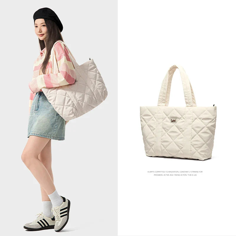 Large Soft Puffer Bag Women Big Size College Students Laptop Book Quilted Tote Bag Lady Down-filled Shopping School Bags