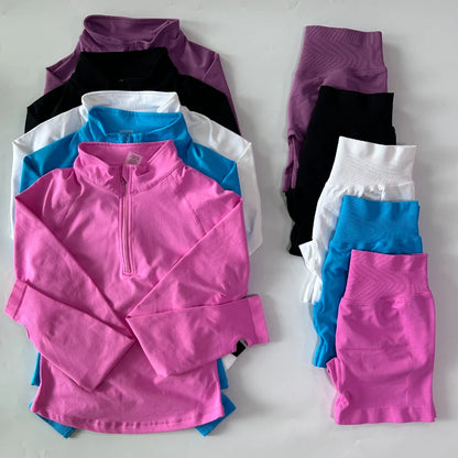 No Logo 2pcs Long Sleeve Yoga Set Women Half Zippy Jacket Longline Sports Top Gym Shorts Fitness Suits Running Coats Workout Set